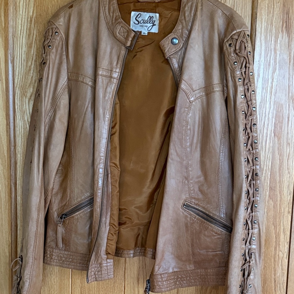 Scully Women's Brown Leather Jacket with Lace-Up Sleeves